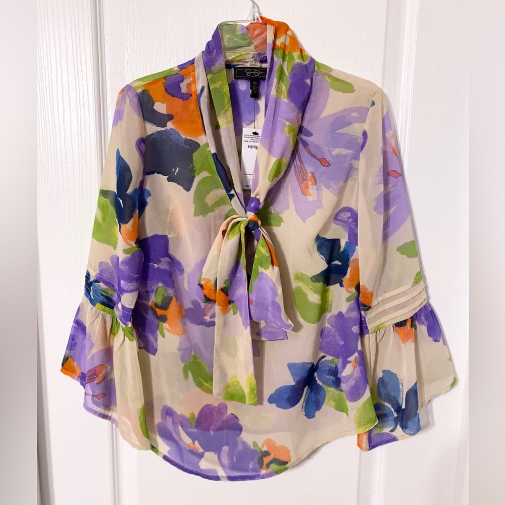 Jessica Simpson Bow Neck Bell Sleeve Sheer Top Taupe Floral XS